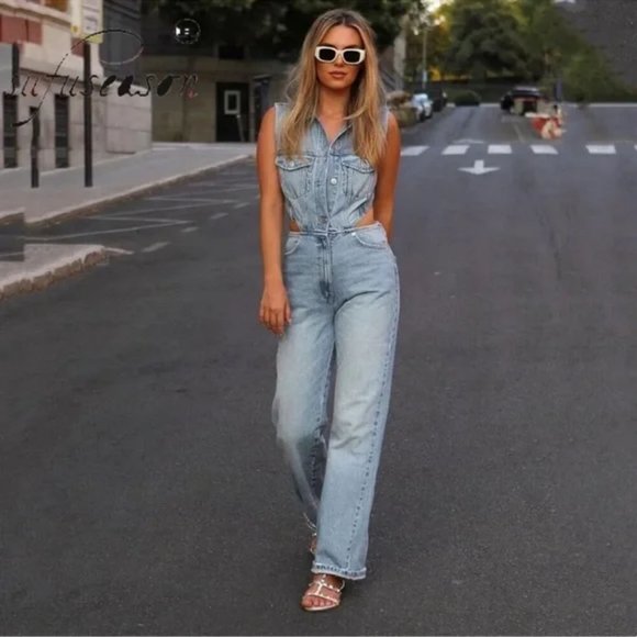 ZARA FULL LENGTH CUT OUT DENIM JUMPSUIT - Picture 1 of 7
